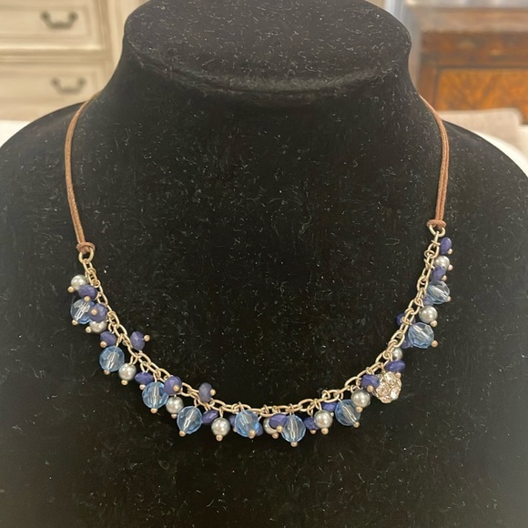 Vintage Aeropostale Brown Leather Blue Beaded Choker Collar Statement Necklace - Picture 1 of 3